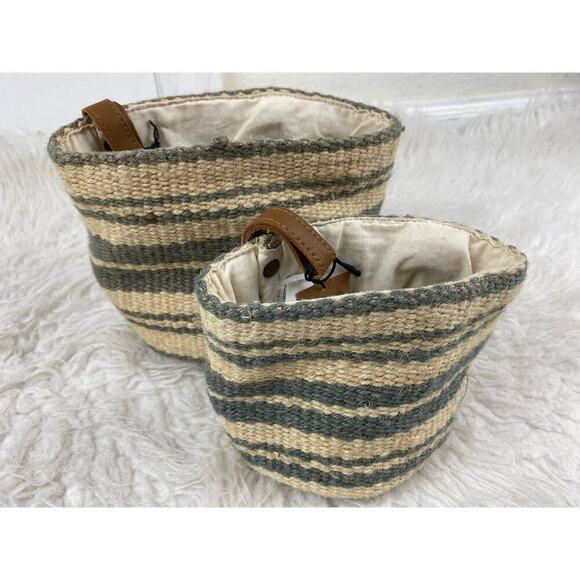NWT Creative Co-op Set of 2 Jute Woll Basket with Leather Loop 6" and 4" - Picture 3 of 8